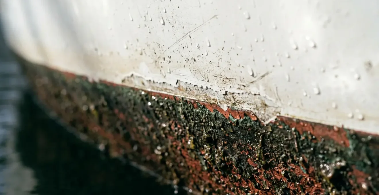 Vue rapprochée de la ligne de flottaison d'un voilier montrant la zone critique entre antifouling et gelcoat