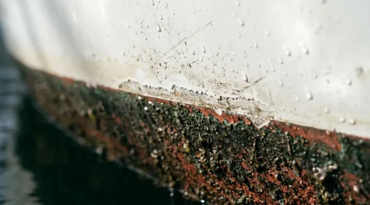 Vue rapprochée de la ligne de flottaison d'un voilier montrant la zone critique entre antifouling et gelcoat