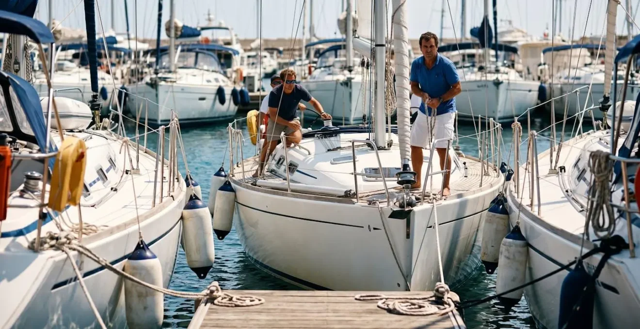 Manœuvre délicate entre bateaux serrés dans une marina méditerranéenne en haute saison