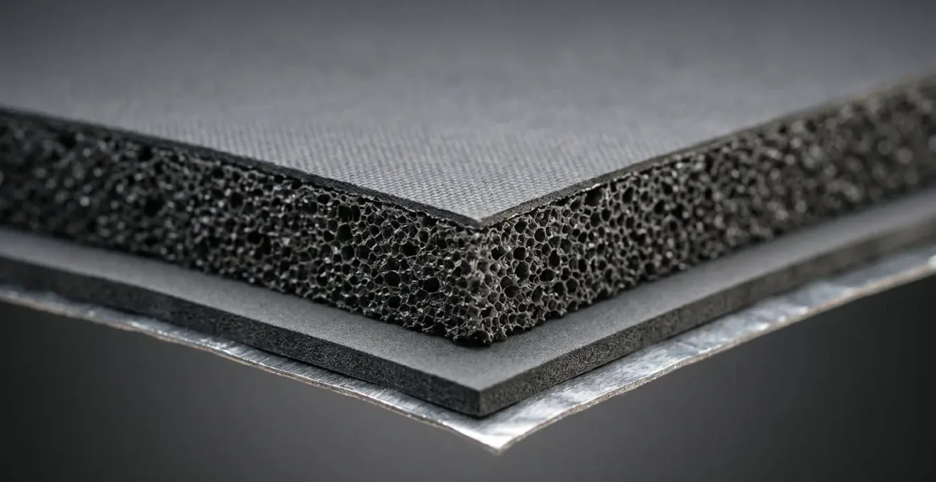 Matériau d'isolation acoustique multicouche montrant la structure en coupe avec mousse et masse lourde