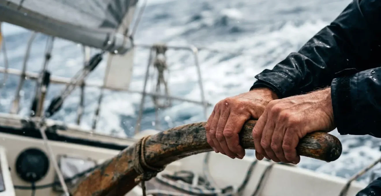 Gros plan sur une barre de gouvernail tenue par un skipper avec le bateau gîté