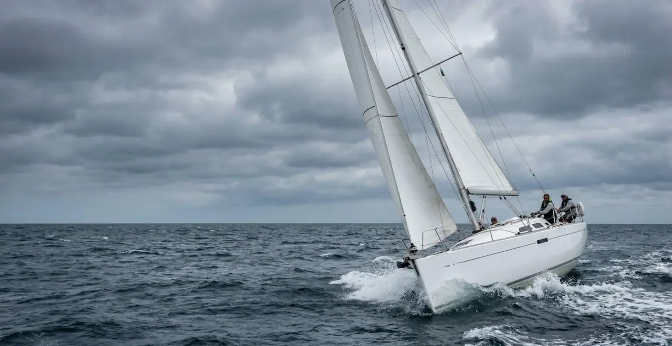 Monocoque naviguant gîté dans une mer formée avec gros temps