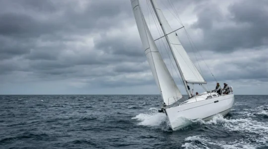 Monocoque naviguant gîté dans une mer formée avec gros temps