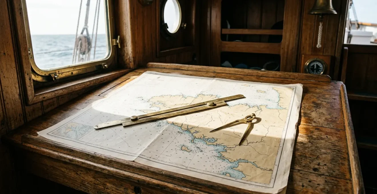 Table à cartes de navigation avec carte marine SHOM de Bretagne, compas et instruments de navigation