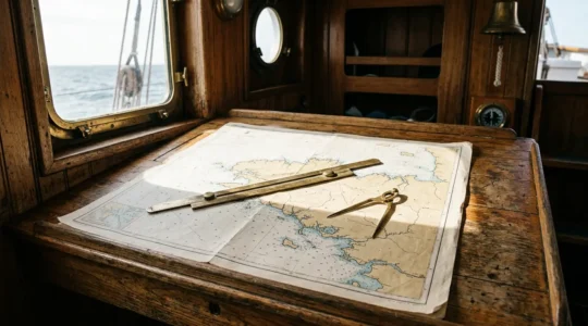 Table à cartes de navigation avec carte marine SHOM de Bretagne, compas et instruments de navigation