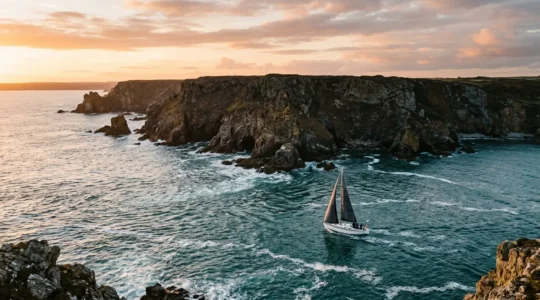 Navigation côtière de précision près de côtes rocheuses avec courants visibles