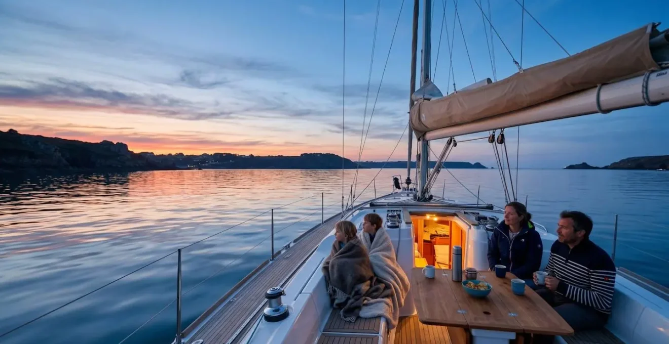Famille en navigation au crépuscule avec préparation sereine et éclairage doux du cockpit
