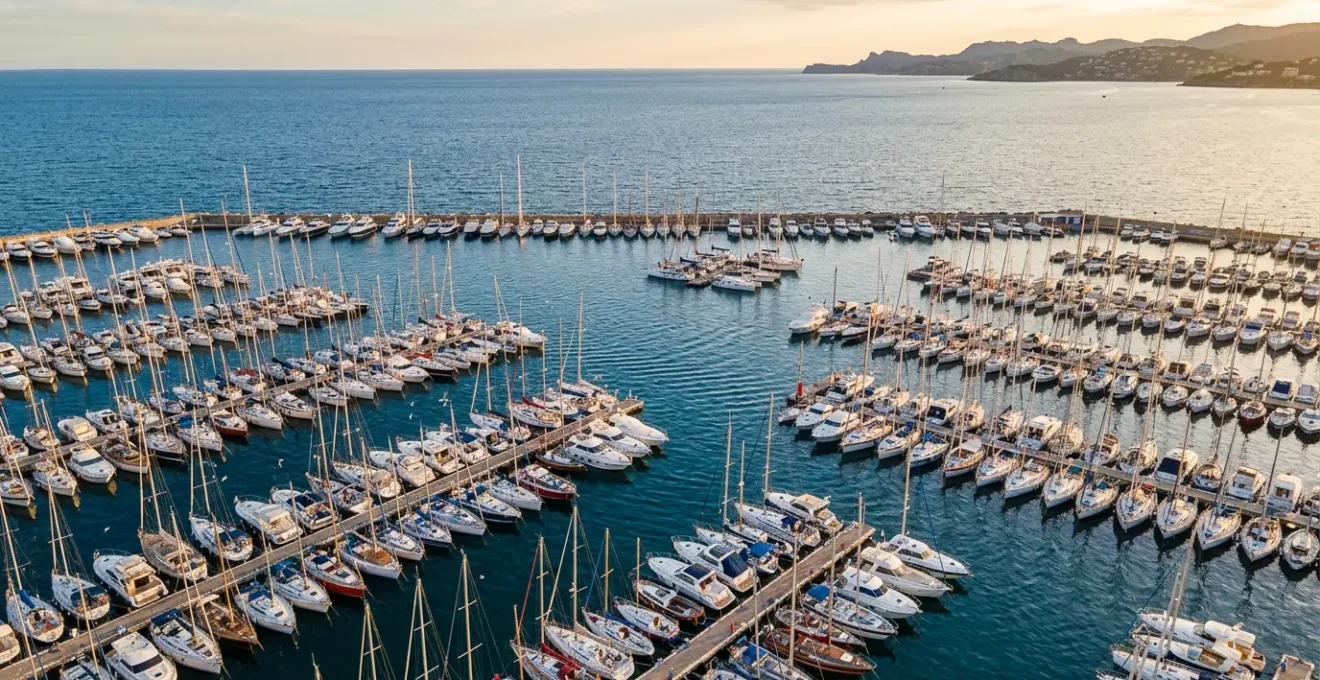 Vue aérienne d'une marina bondée en haute saison estivale avec de nombreux bateaux de plaisance amarrés côte à côte