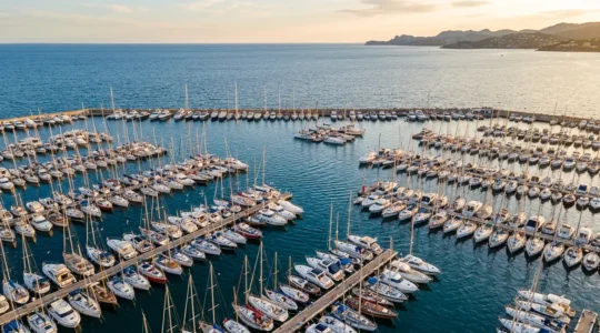 Vue aérienne d'une marina bondée en haute saison estivale avec de nombreux bateaux de plaisance amarrés côte à côte