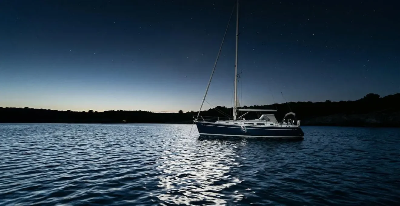Voilier au mouillage balancé par la houle nocturne sous un ciel étoilé