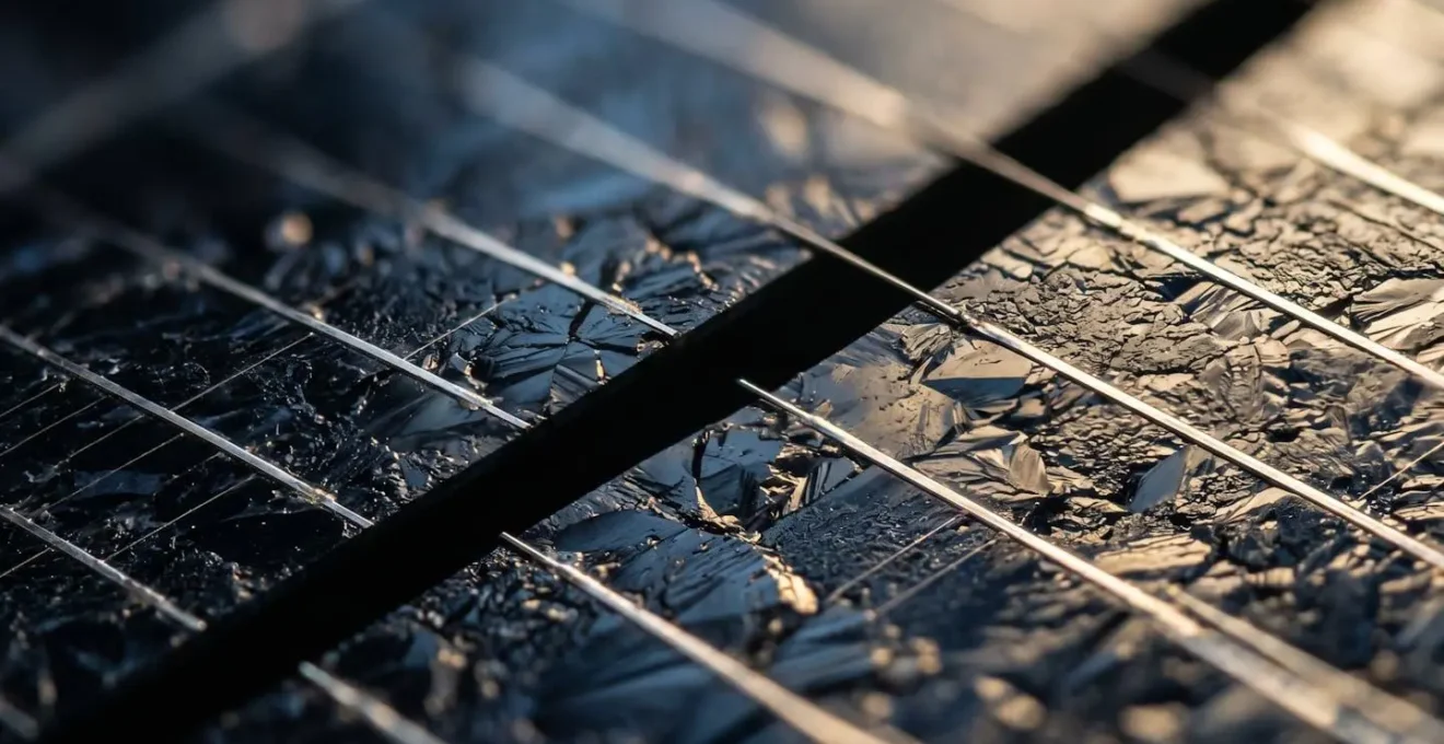 Détail macro d'une cellule photovoltaïque avec ombre projetée illustrant l'impact sur la production