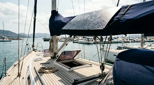 Panneau solaire flexible en surchauffe sur le pont d'un voilier avec thermographie infrarouge