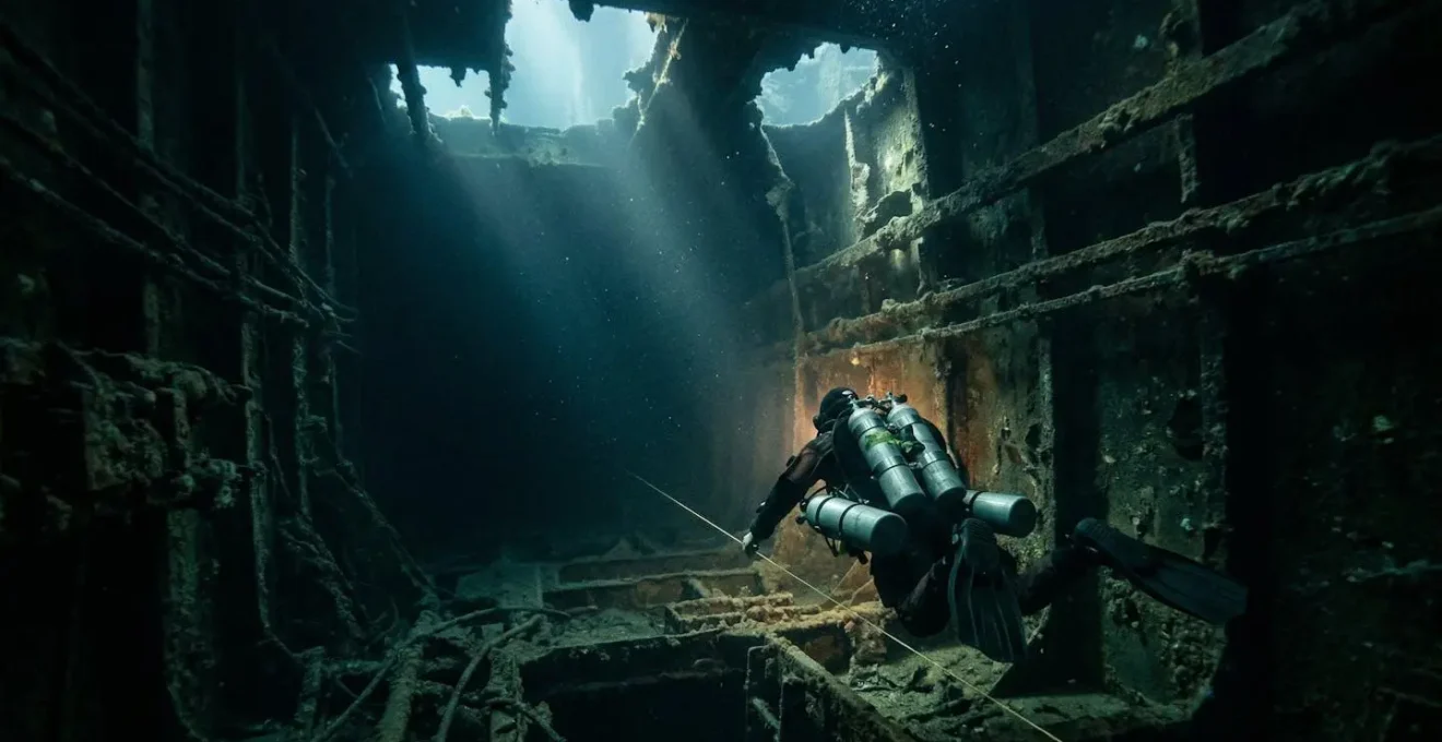 Plongeur technique explorant l'intérieur sombre d'une épave immergée avec fil d'Ariane