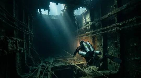 Plongeur technique explorant l'intérieur sombre d'une épave immergée avec fil d'Ariane