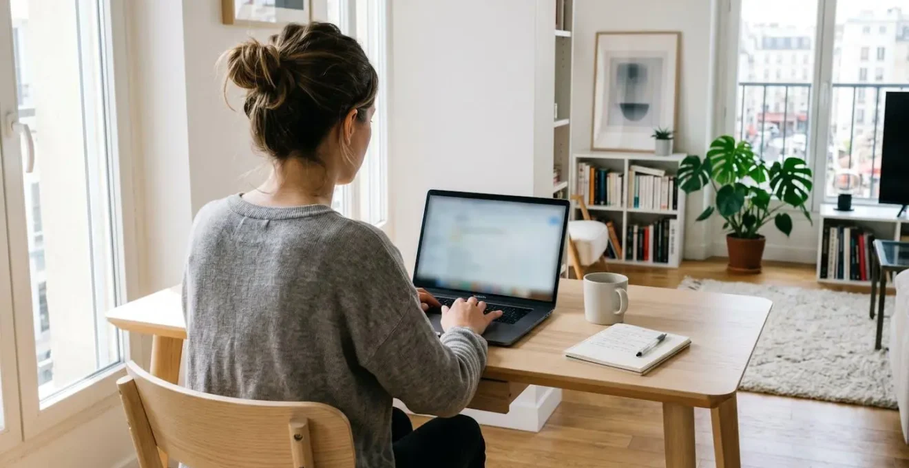Une personne vue de dos consultant un ordinateur portable dans un intérieur domestique moderne et lumineux