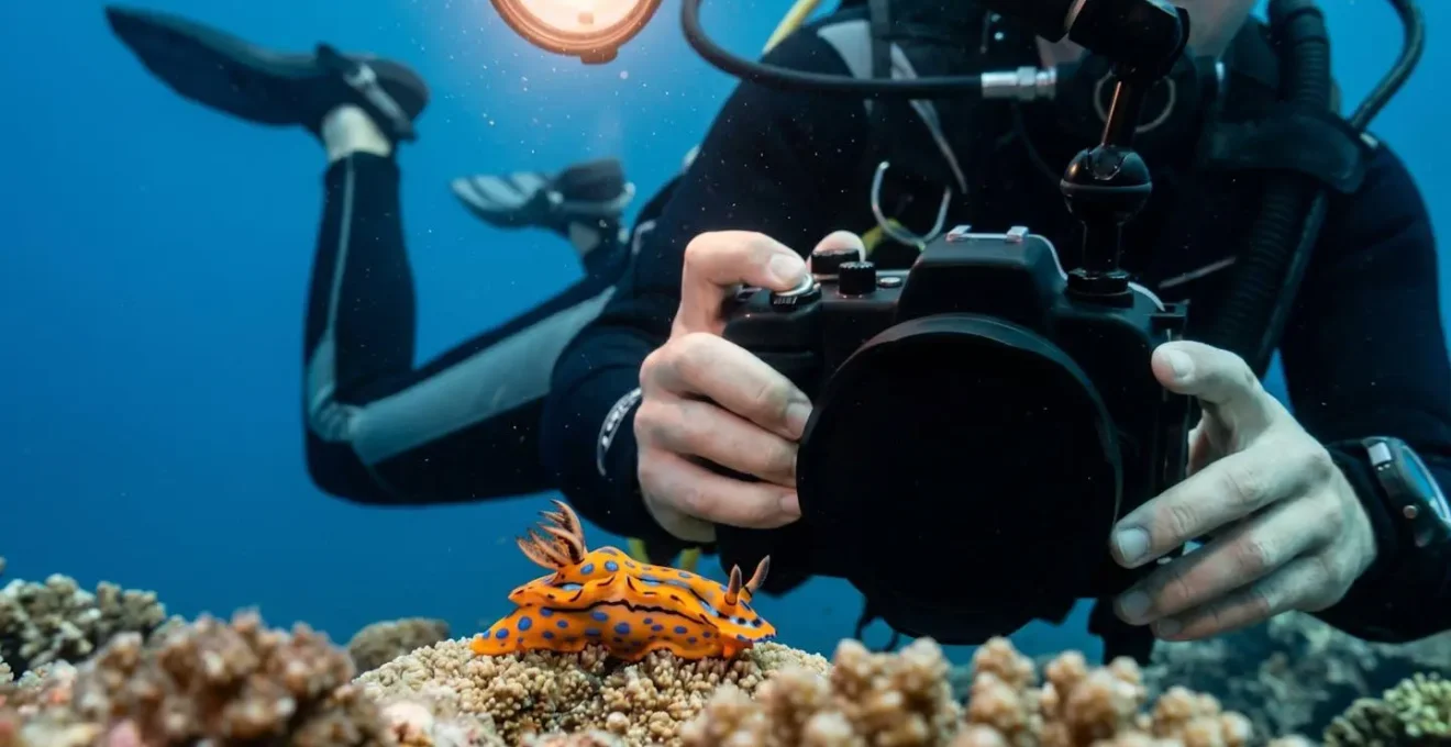 Photographe sous-marin en position horizontale parfaite photographiant un nudibranche sans contact
