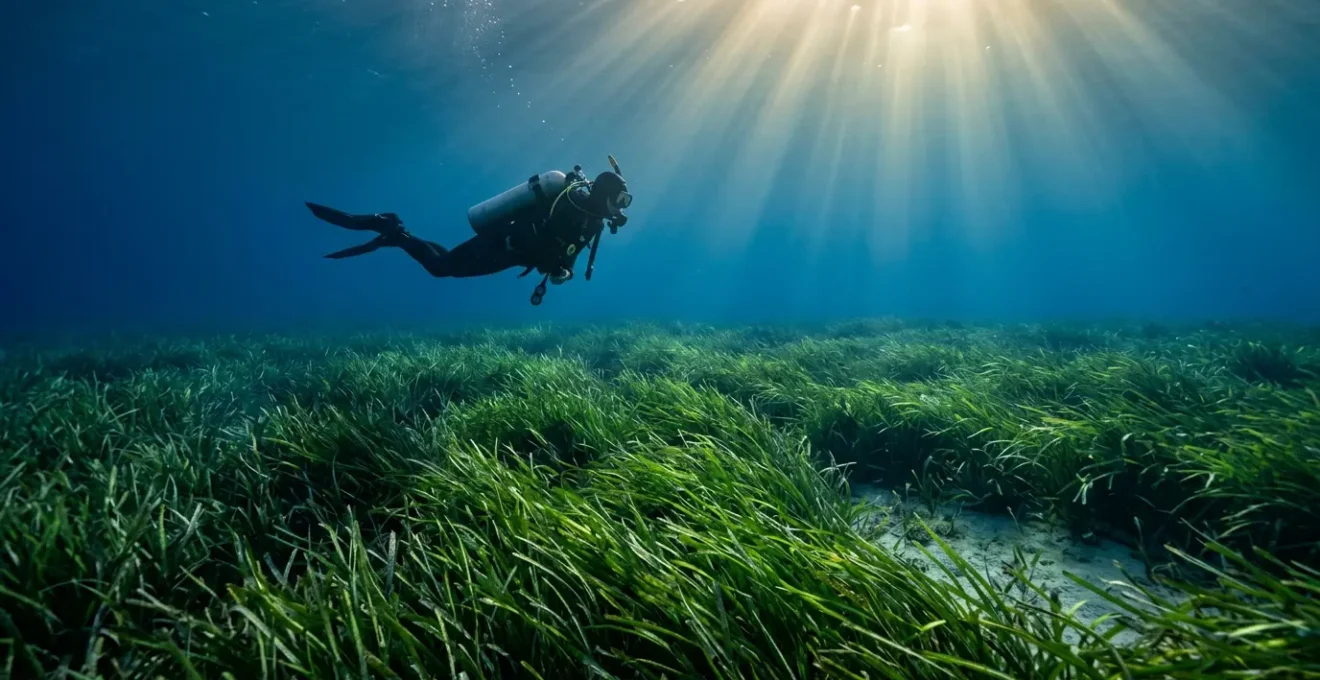 Plongeur explorant avec précaution un vaste herbier de posidonie en Méditerranée, lumière naturelle filtrant à travers la canopée végétale