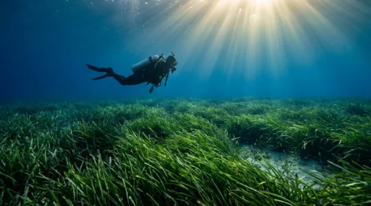 Plongeur explorant avec précaution un vaste herbier de posidonie en Méditerranée, lumière naturelle filtrant à travers la canopée végétale