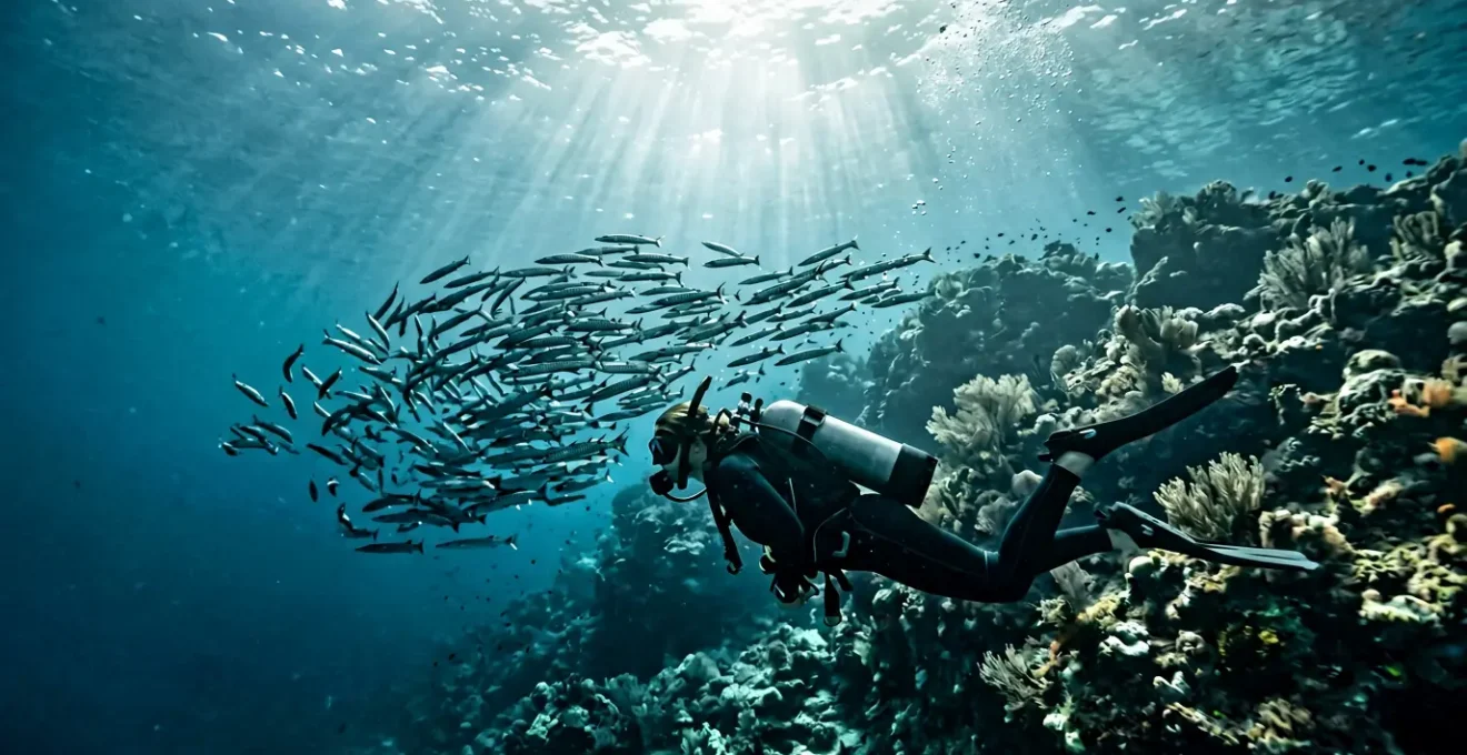 Plongeur en position horizontale observant discrètement un banc de poissons en Méditerranée