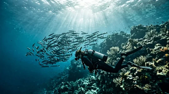 Plongeur en position horizontale observant discrètement un banc de poissons en Méditerranée