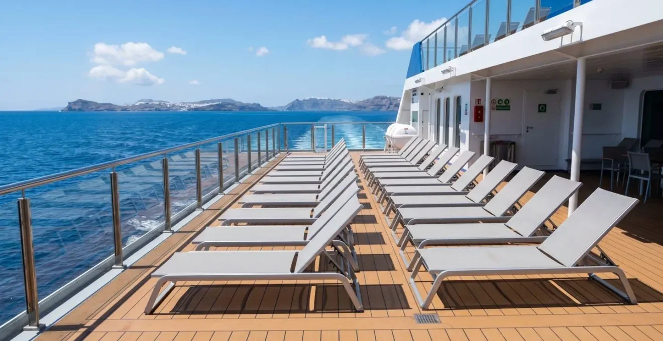 Vue grand angle du pont extérieur d'un ferry moderne avec fauteuils alignés et garde-corps contemporains, mer Méditerranée bleue en arrière-plan, lumière naturelle éclatante