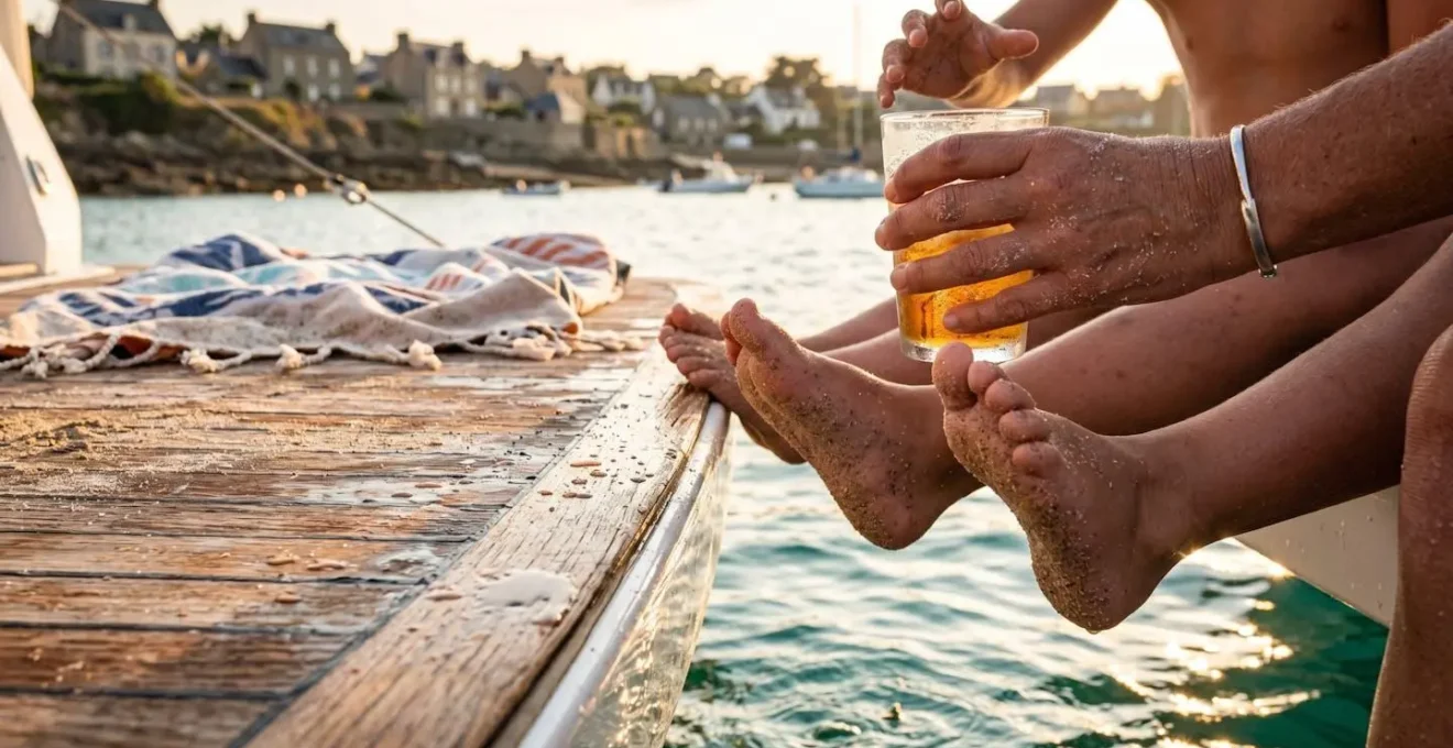 Famille au premier mouillage en fin d'après-midi, ambiance détendue avec baignade et jeux sur la plage