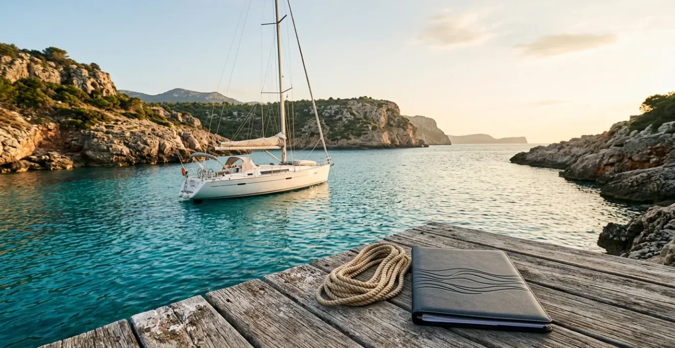 Voilier ancré dans une crique méditerranéenne aux eaux cristallines avec documents de location en premier plan