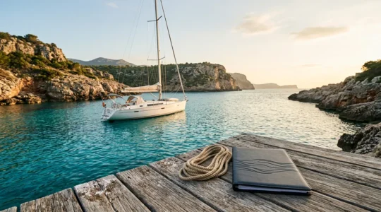 Voilier ancré dans une crique méditerranéenne aux eaux cristallines avec documents de location en premier plan