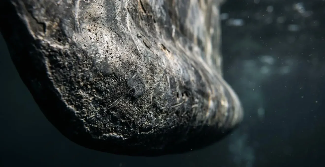 Gros plan macro sur une quille lestee en plomb d'un voilier monocoque montrant la texture metallique et la forme hydrodynamique