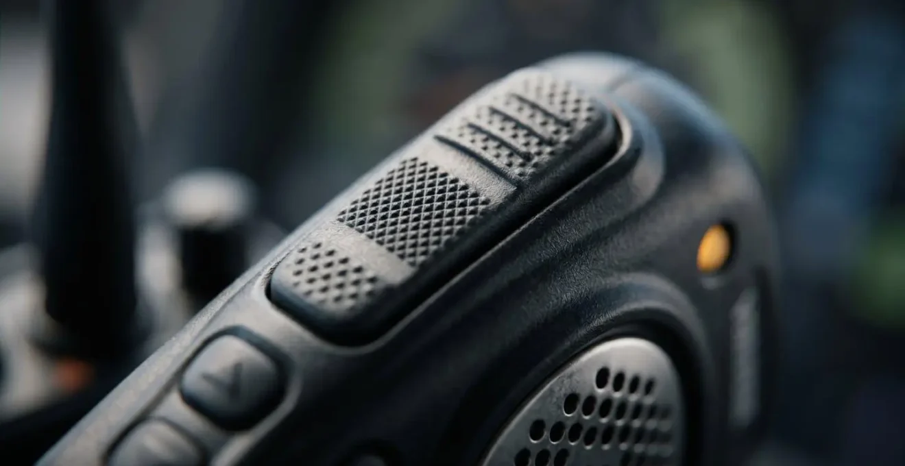 Gros plan macro sur un micro de radio VHF maritime avec bouton d'émission et voyants lumineux dans un environnement de navigation