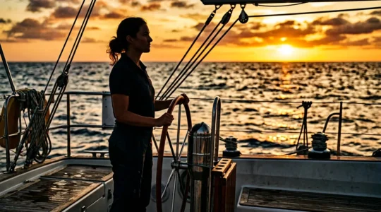 Une personne contemplant l'horizon marin depuis le pont d'un voilier, évoquant la transformation d'une passion en carrière maritime