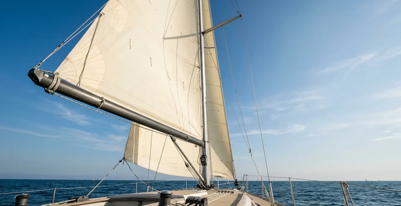 Vue en contre-plongée d'une grand-voile parfaitement réglée au près avec penons horizontaux et profil aérodynamique optimal sous un ciel lumineux