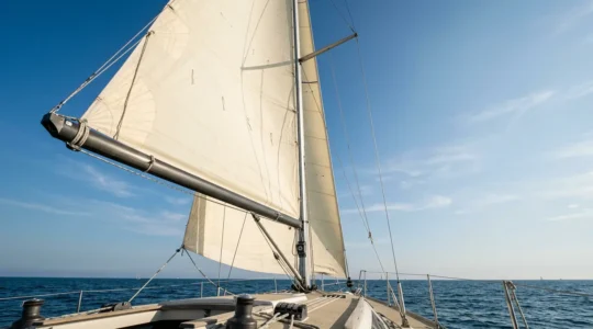 Vue en contre-plongée d'une grand-voile parfaitement réglée au près avec penons horizontaux et profil aérodynamique optimal sous un ciel lumineux