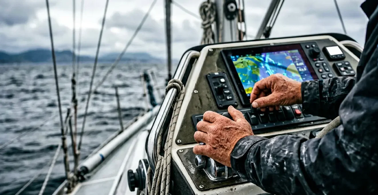 Navigateur vérifiant ses instruments de navigation en mer par temps couvert
