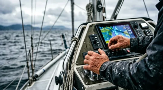 Navigateur vérifiant ses instruments de navigation en mer par temps couvert