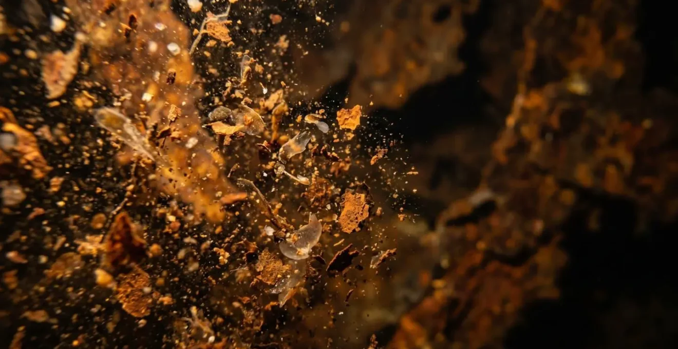 Nuage de sédiments rouillés en suspension dans l'eau trouble d'une épave