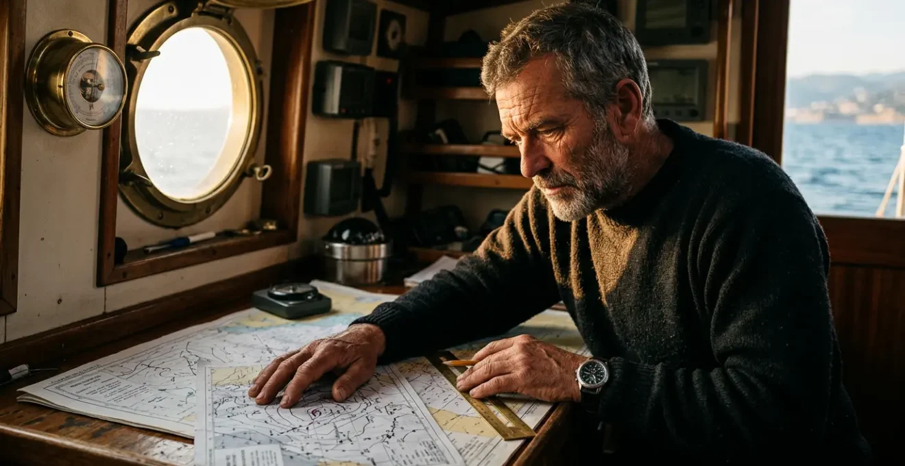 Skipper expérimenté analysant des cartes météorologiques sur une table de navigation, éclairé par une lumière dorée filtrant à travers le hublot d'un voilier