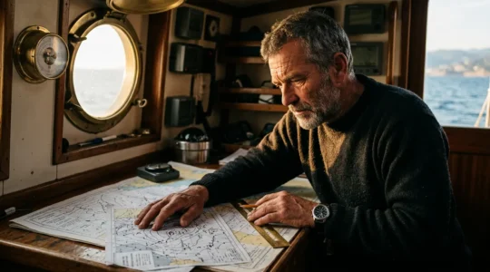 Skipper expérimenté analysant des cartes météorologiques sur une table de navigation, éclairé par une lumière dorée filtrant à travers le hublot d'un voilier