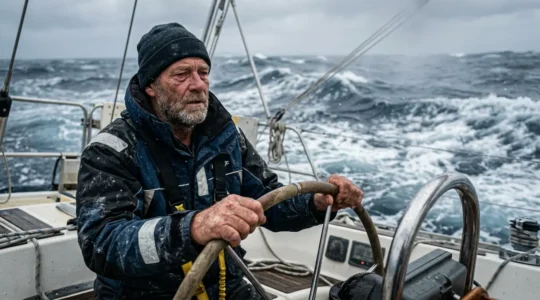 Skipper solitaire épuisé à la barre pendant une navigation hauturière