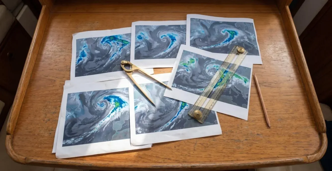 Vue plongeante sur une table de navigation avec cartes satellites imprimées montrant l'évolution d'un front météo, compas et règle de navigation