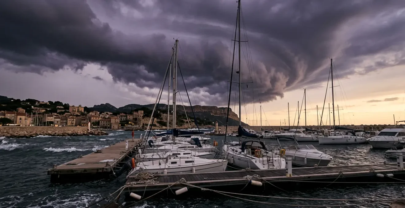 Scène dramatique de protection d'un voilier amarré face à une tempête méditerranéenne approchant les côtes