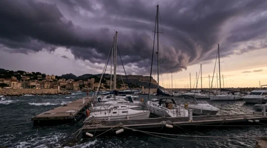Scène dramatique de protection d'un voilier amarré face à une tempête méditerranéenne approchant les côtes
