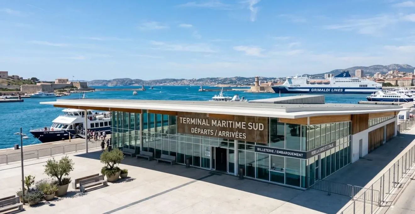 Vue grand angle de la façade contemporaine d'un terminal de ferry méditerranéen sous un ciel bleu lumineux, architecture moderne et épurée, journée ensoleillée