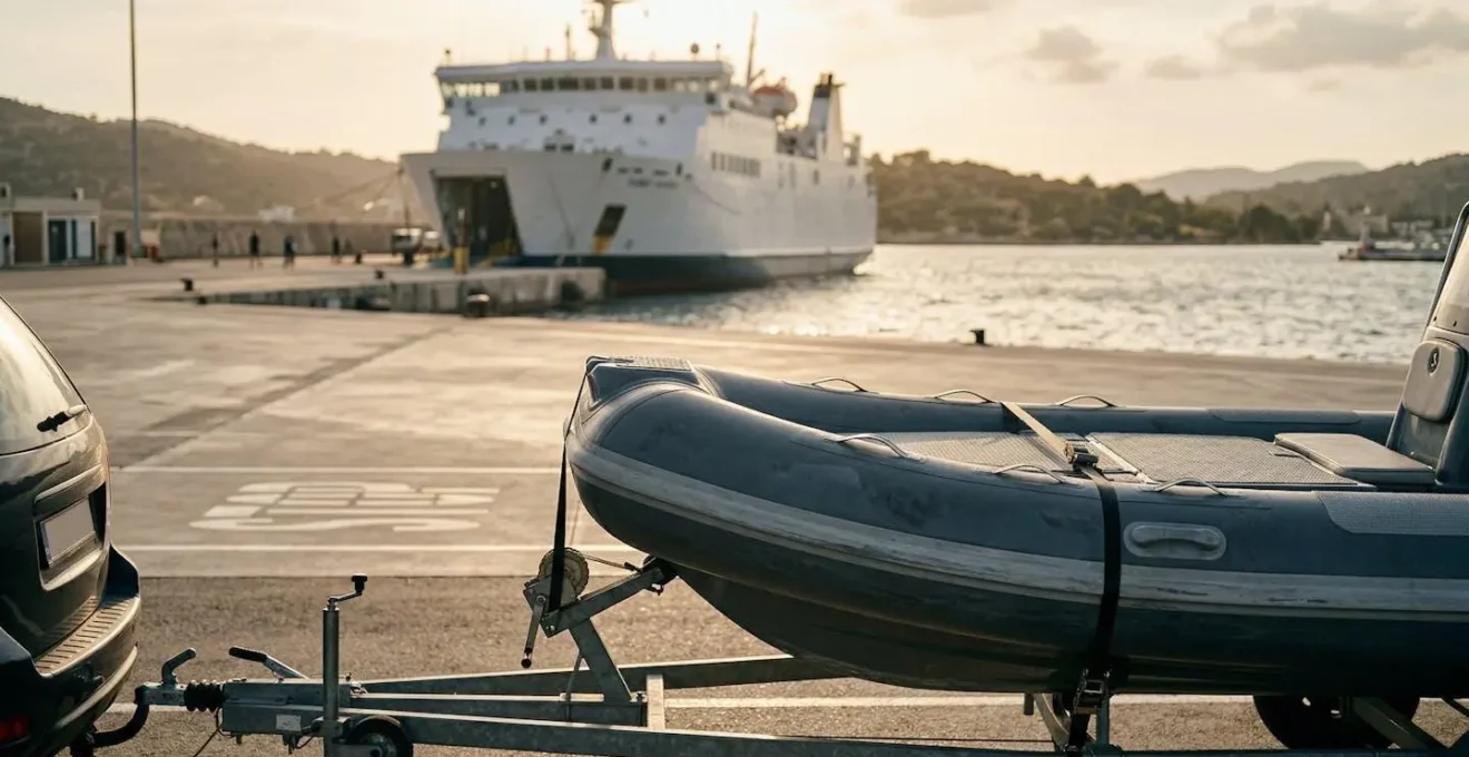 Bateau pneumatique arrimé sur remorque près d'un ferry à quai, préparation pour embarquement vers la Corse