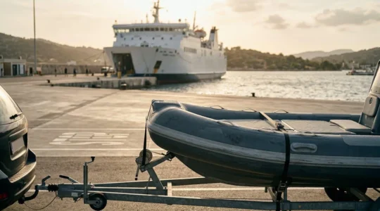 Bateau pneumatique arrimé sur remorque près d'un ferry à quai, préparation pour embarquement vers la Corse