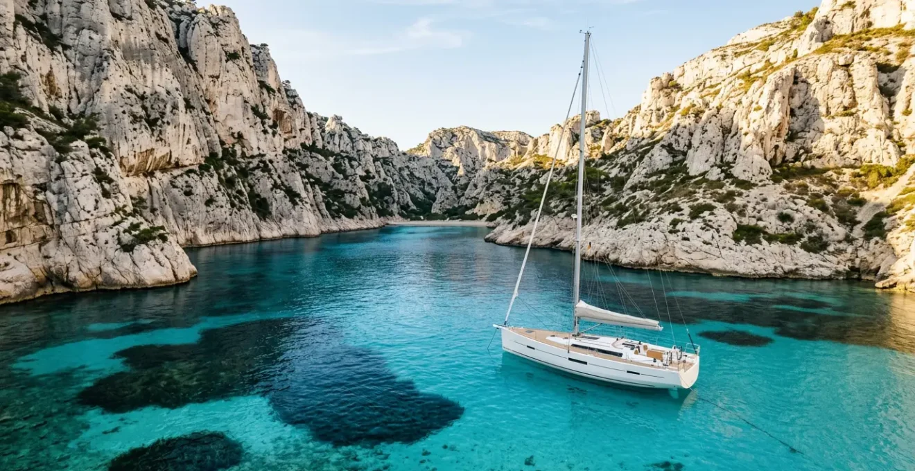 Voilier ancré dans une crique méditerranéenne avec eaux turquoise et falaises calcaires