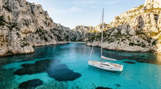 Voilier ancré dans une crique méditerranéenne avec eaux turquoise et falaises calcaires