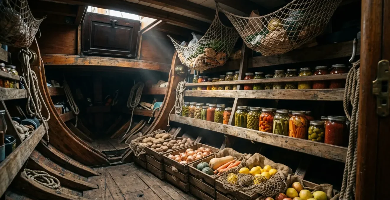 Vue intérieure de la cale d'un voilier avec stockage organisé de provisions alimentaires sans réfrigération