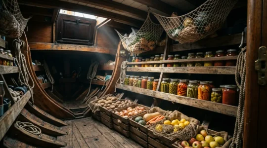 Vue intérieure de la cale d'un voilier avec stockage organisé de provisions alimentaires sans réfrigération