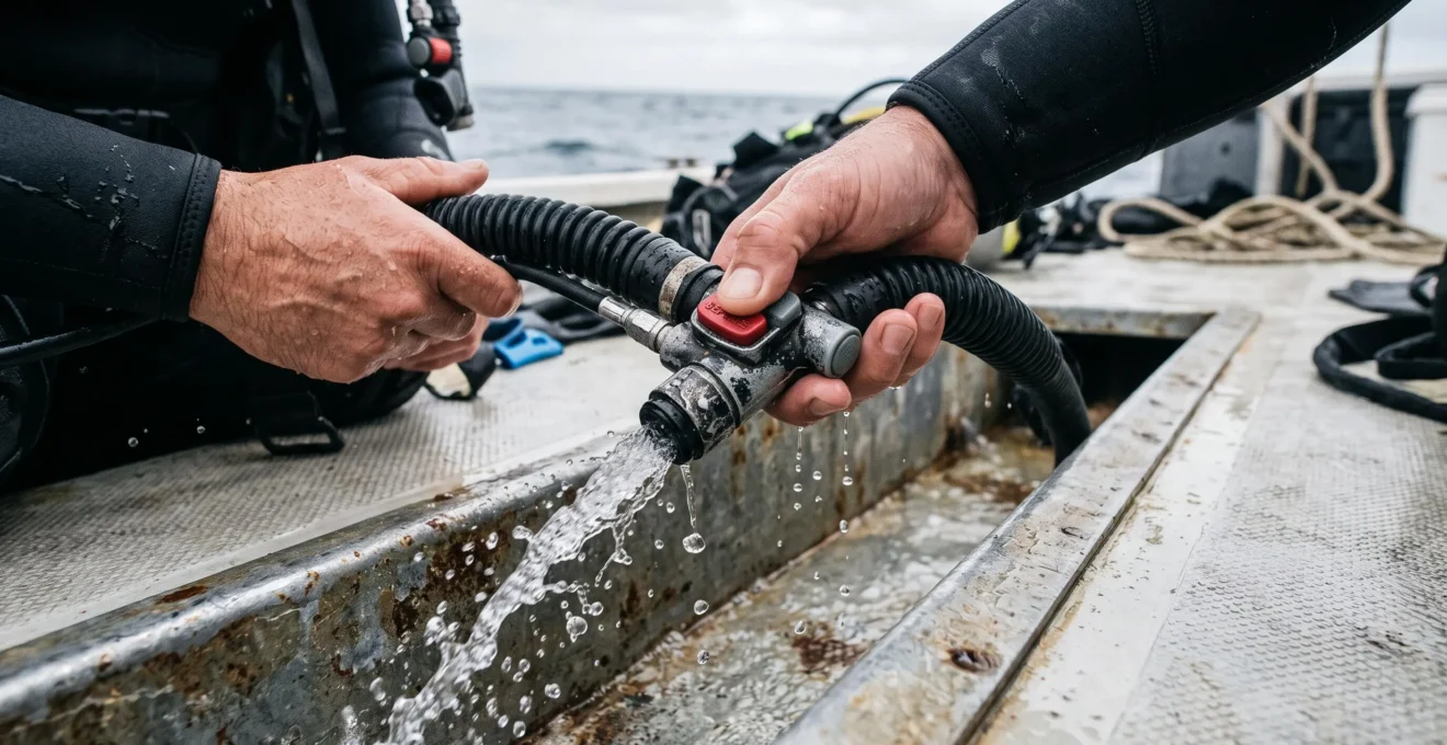 Des mains purgent l'eau de mer du gilet stabilisateur sur un bateau.